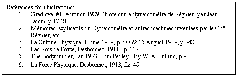 Text Box: References for illustrations:  1.	Gradhiva, #1, Autumn 1989. &lsquo;Note sur le dynamom&egrave;tre de R&eacute;gnier&rsquo; par Jean Jamin, p.17-21  2.	M&eacute;moires Explicatifs du Dynamom&egrave;tre et autres machines invent&eacute;es par le C.en R&eacute;gnier, etc.  3.	La Culture Physique, 1 June 1909, p.377 & 15 August 1909, p.548  4.	Les Rois de Force, Desbonnet, 1911,  p.445  5.	The Bodybuilder, Jan 1953, &lsquo;Jim Pedley,&rsquo; by W. A. Pullum, p.9  6.	La Force Physique, Desbonnet, 1913, fig. 49  